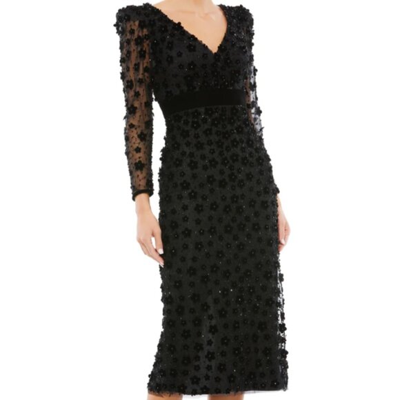 MAC DUGGAL 67856 EMBELLISHED VNECK ILLUSIONS LONG SLEEVE COLUMN MIDI DRESS 2 - Picture 1 of 5